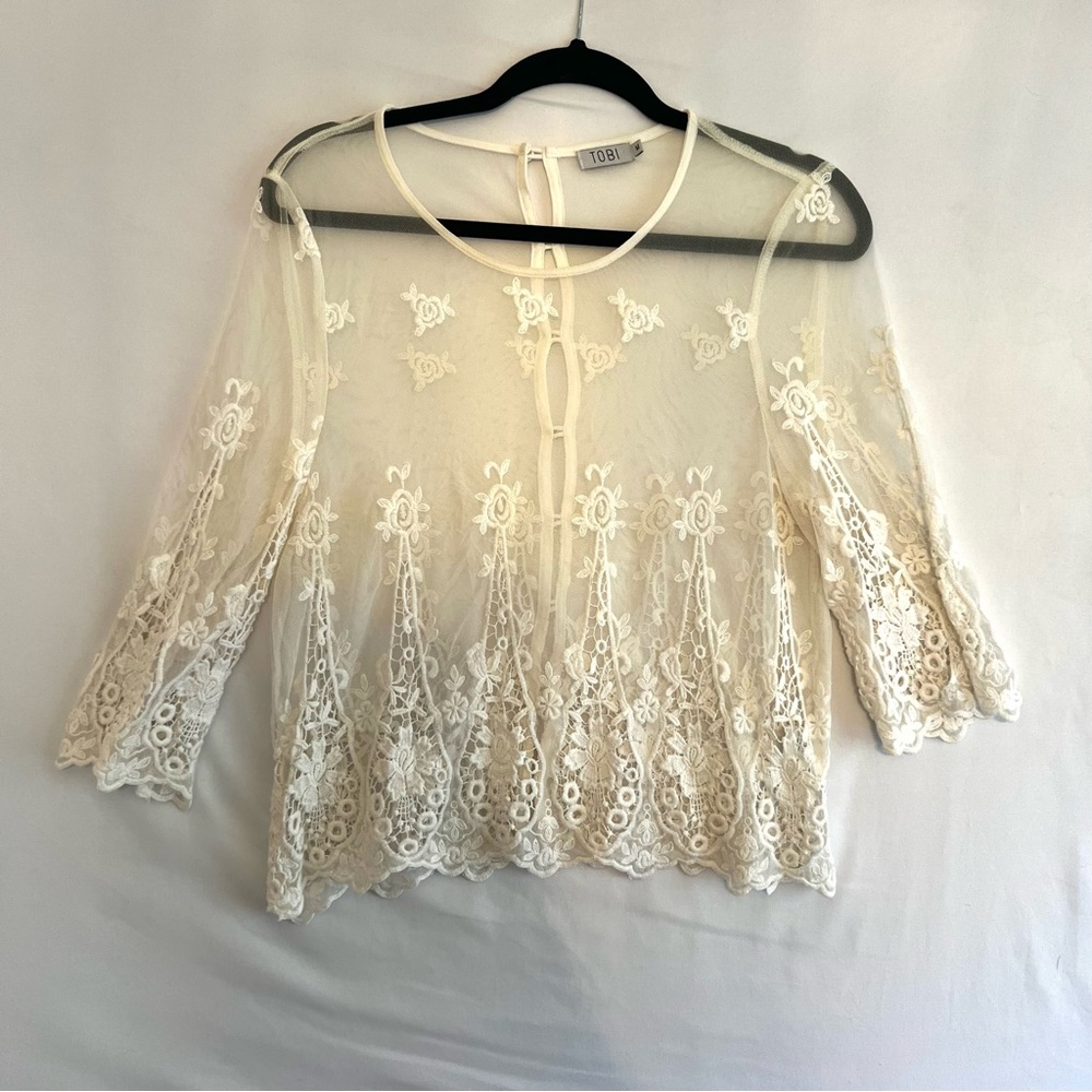 Tobi Sheer White Lace Blouse Top Size M Cottagecore Fairycore Romantic Cotton